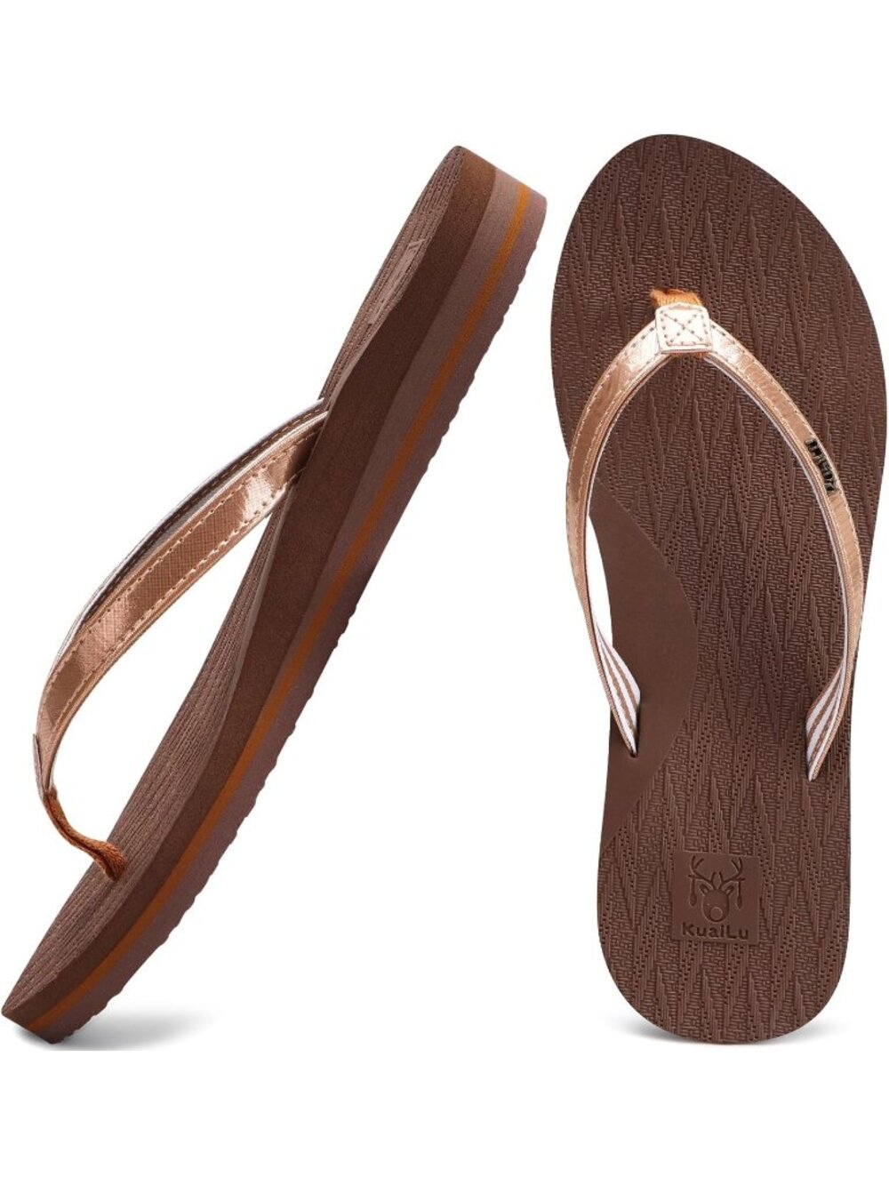 Women's Shiny Brown Faux Leather Fashion Flip Flops Ladies Lightweight Sandals